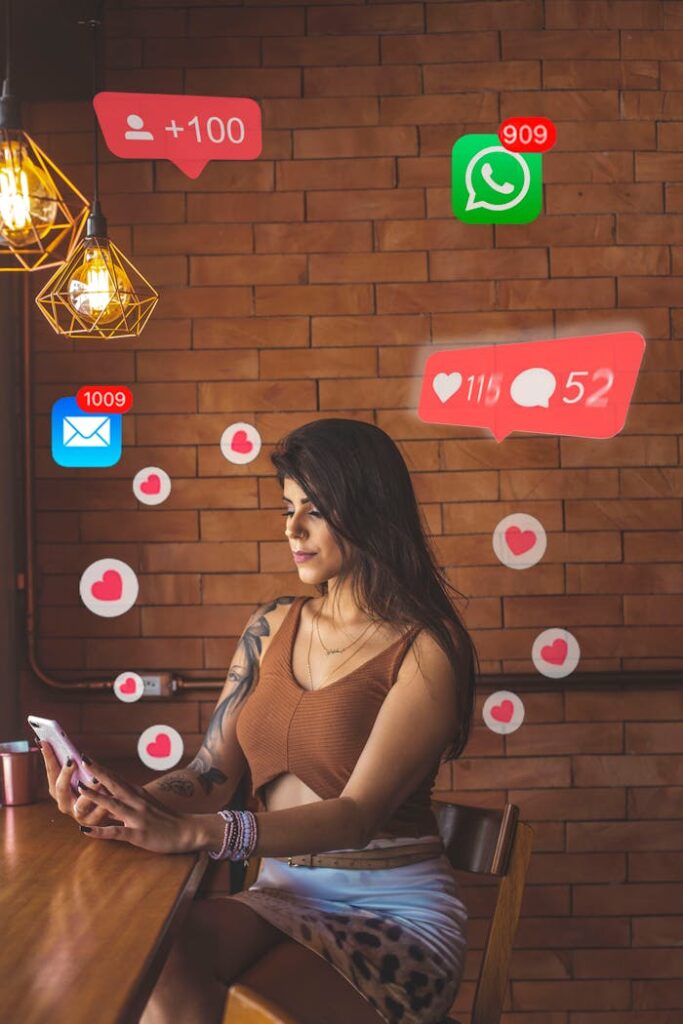 pexels-photo-2055500 Woman using smartphone in cafe with social media notifications around.